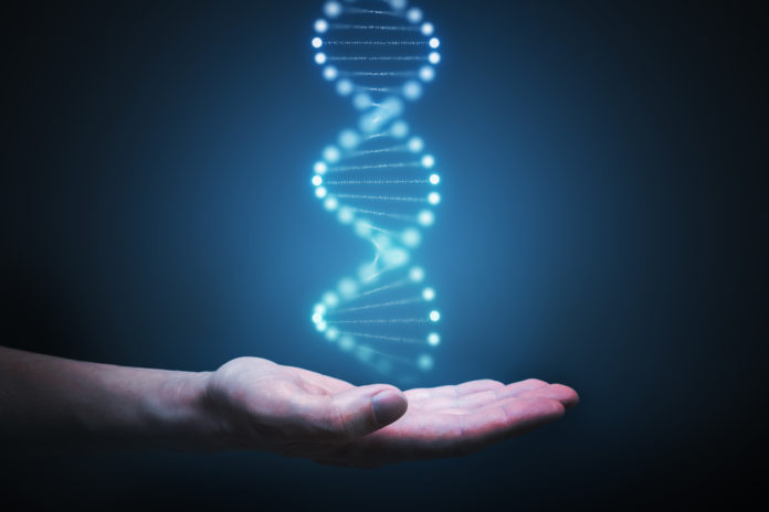 DNA and genetics research concept. Hand is holding glowing DNA molecule in hand.