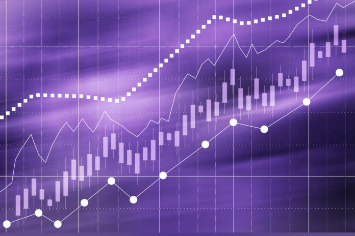 Business graph of growth, development in the company, on the stock exchange, corporation. Ultra Violet Color 2018 year.