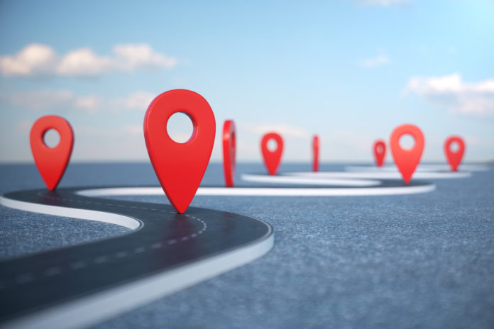 Road way location Infographic with pin pointers. Road way with red pointers. Road way on cloudy blue sky background. 3D illustration