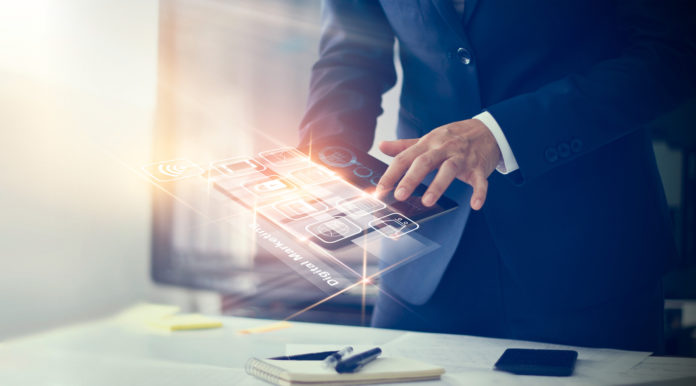 Digital marketing. Businessman using modern interface payments online shopping and icon customer network connection on virtual screen. Business innovation technology concept