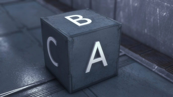 3d render. Futuristic cube an ABC text