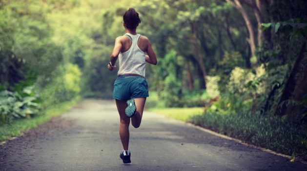 Female runner running at summer park trail . Healthy fitness woman jogging outdoors.