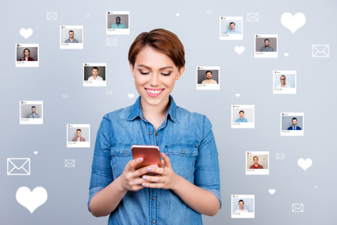 Close up photo interested curious she her lady smartphone got sms from lover repost pick choose choice illustration pictures guys dating site futuristic creative design isolated grey background