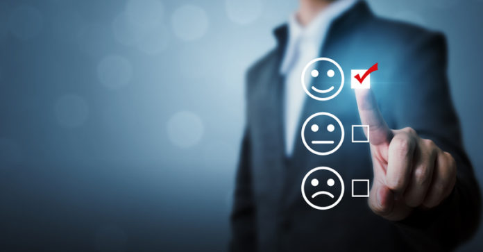 Businessmen choose to rating score happy icons. Customer service experience and business satisfaction survey concept