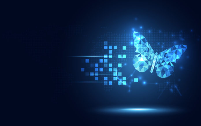 Futuristic lowpoly blue Butterfly abstract technology background. Artificial intelligence and Vitual reality concept. Business digital transformation and quantum internet network speed evolution theme