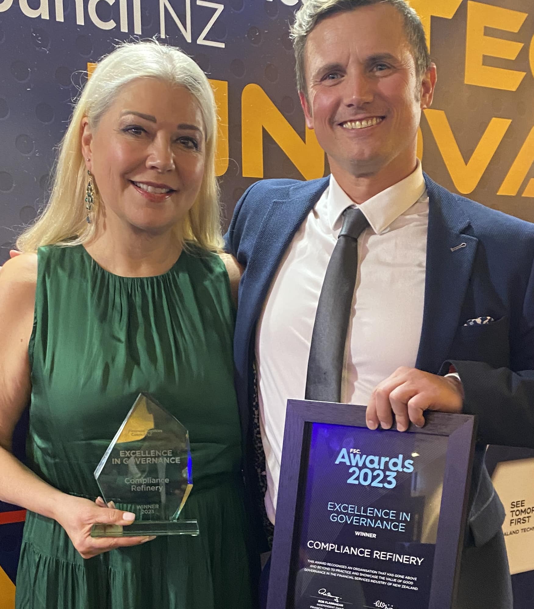Award winners – Compliance Refinery's Melanie Purdey, Head of Governance and Steve Burgess, the firm's CEO.