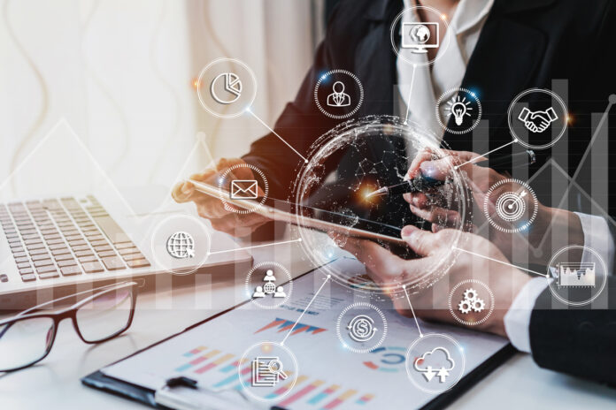 Business people working on Desk office with marketing graph statistics analysis with icons and diagram